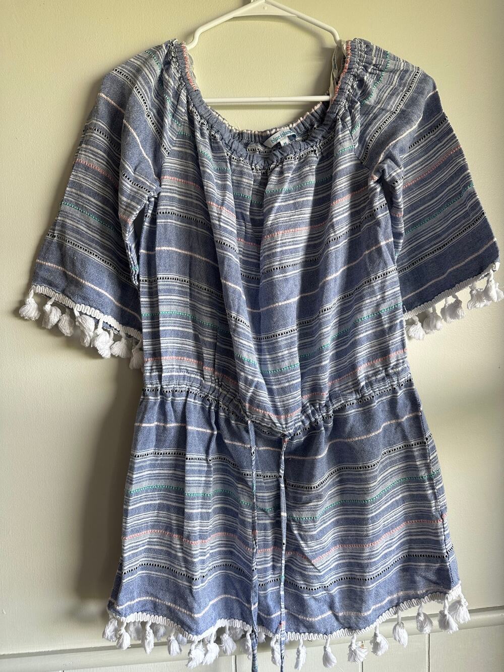 Blue Island Boho Off Shoulder Striped Romper Swim Cover Up Tassel Trim M